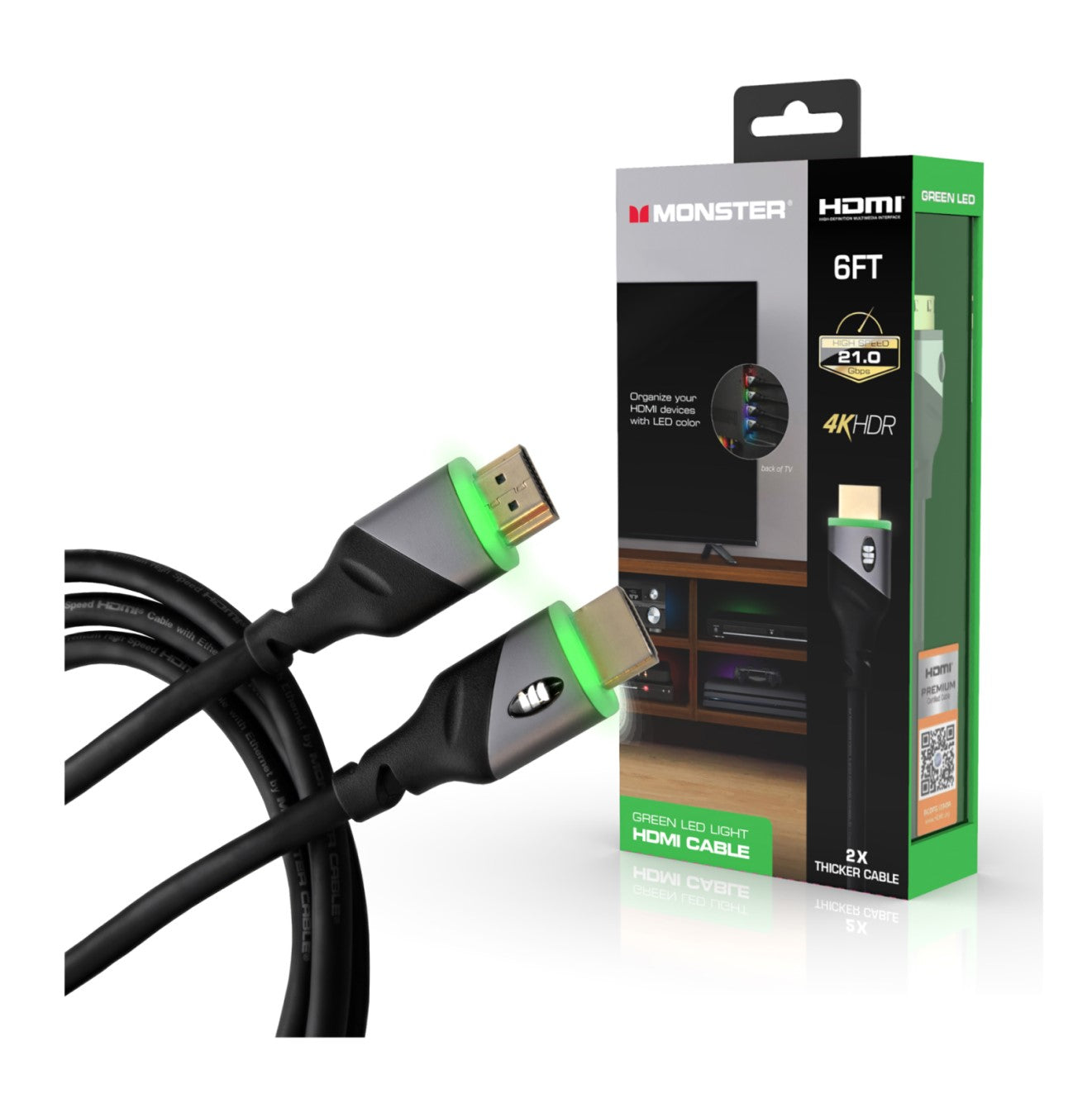 Monster Green LED Light HDMI Cable- 6FT