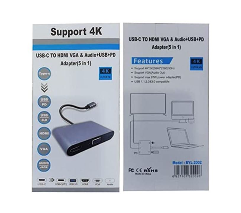 Type- C Adapter 5 in 1, USB- C To HDTV VGA & Audio + USB + PD (BYL-2002)