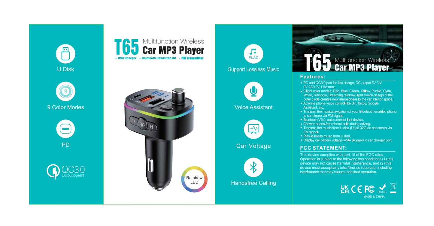 Multifunction Wireless Car MP3 Player W/Dual USB & Type C Charger (T65)