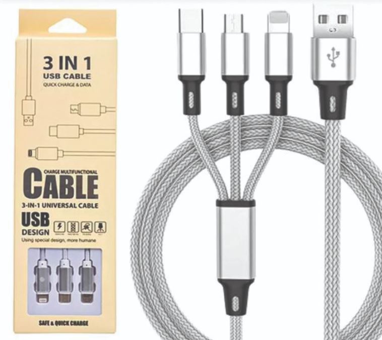 Universal Fast Charging USB Cable 3 in 1 Multi Function for Apple iPhone ,  Type C and Micro - New 