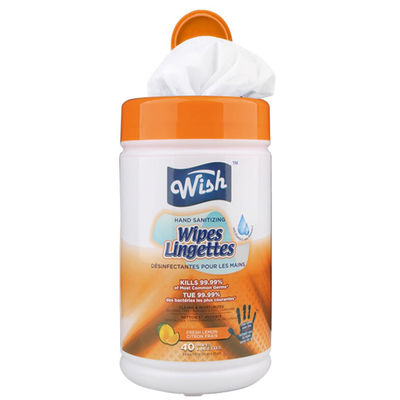 Wish Hand Sanitizer Wipes Lingettes (Cylinder Size) (40 ct.) - Lemon (56 Cases = 1344 ct. per Pallet) (Unit Price - $0.50)