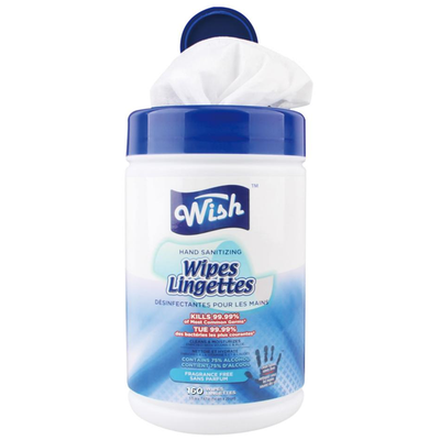 Wish Hand Sanitizer Wipes Lingettes (Cylinder Size) (160 ct) (75% Alcohol) (90 Cases = 540 ct. per Pallet) (Unit Price - $1.50)