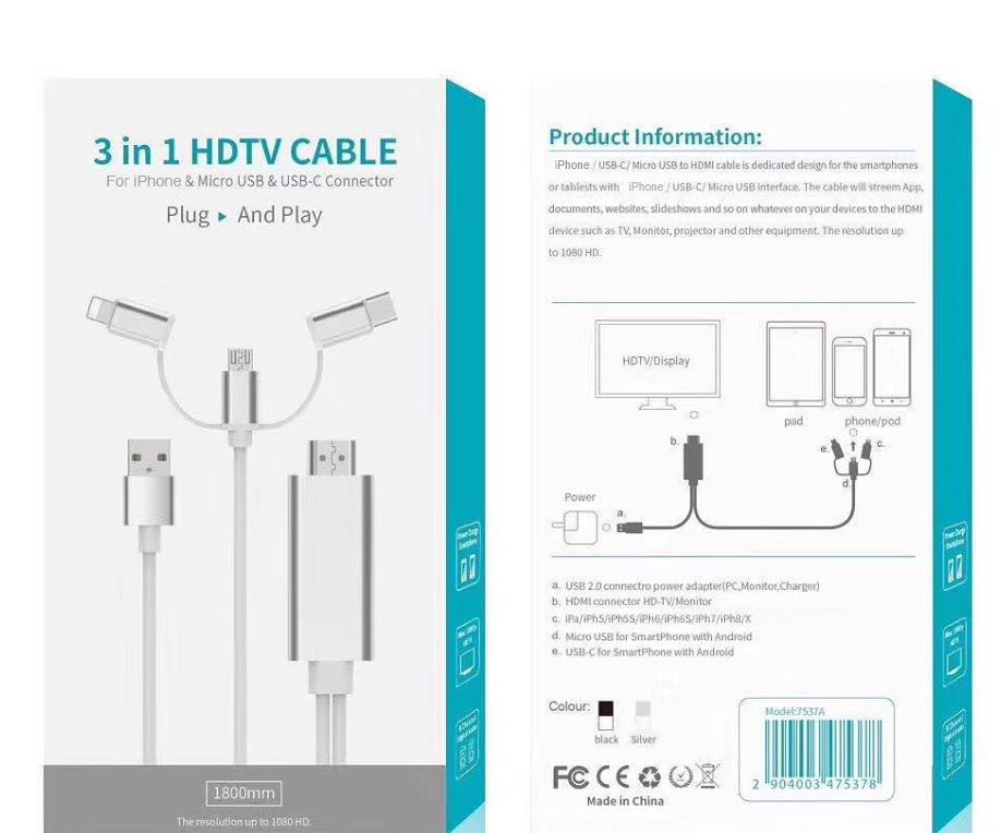 Combo 3 in 1 HDTV to iPhone/ Micro USB/ Type-C 6ft Cable (OT-7537