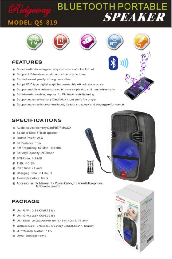 Ridgeway Wireless Karaoke Speaker (QS-819)