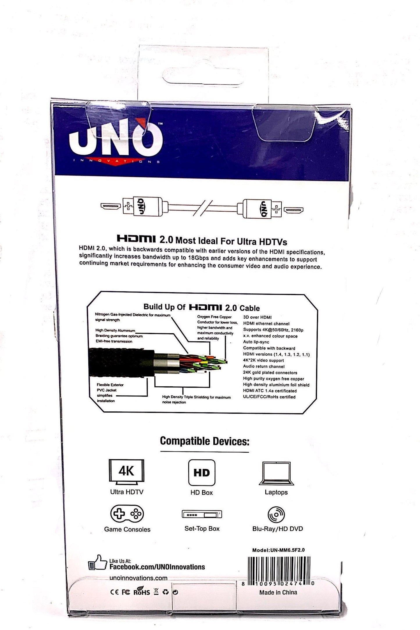 UNO Innovation- Premium HDMI 2.0 Cable- 6.5ft