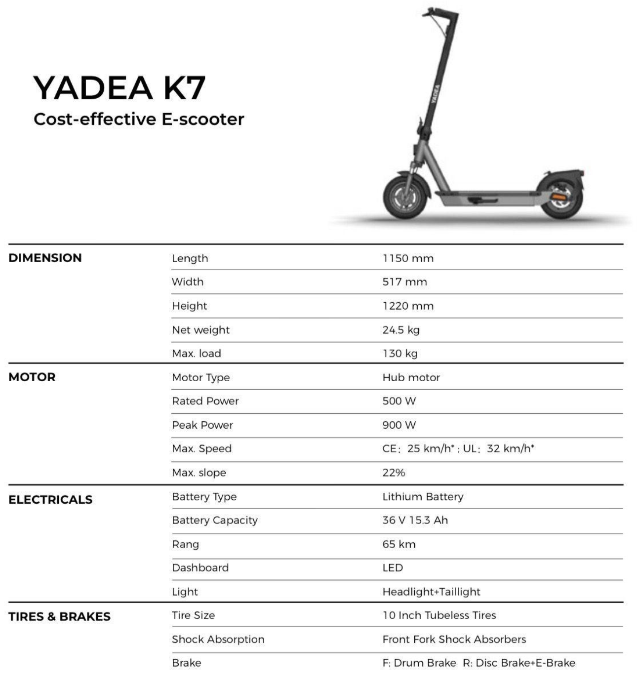 Yadea KS7 Pro Electric Scooter – 500W Motor, Long-Range Commuter Scooter with 10" Tires & Dual Suspension
