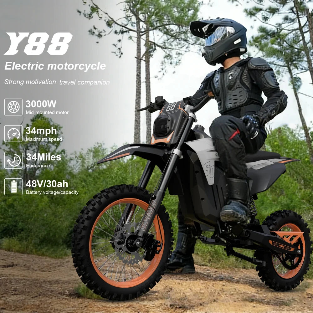 FREEBOY Y88 Electric Dirt Bike – 3000W Mid-Drive Motor, 48V 30Ah Battery, 31-Mile Range, 14" Off-Road Tires