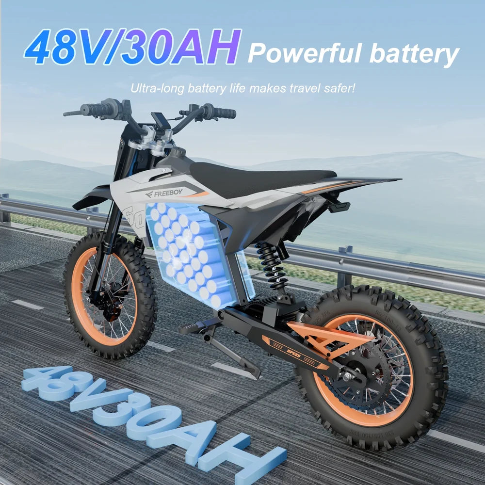 FREEBOY Y88 Electric Dirt Bike – 3000W Mid-Drive Motor, 48V 30Ah Battery, 31-Mile Range, 14" Off-Road Tires