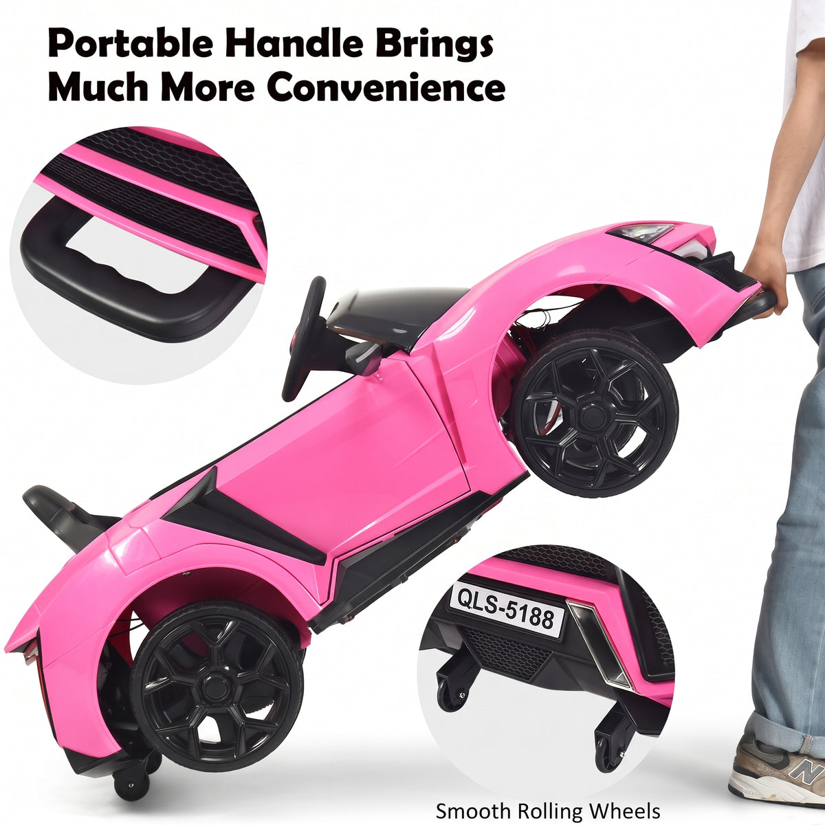 Remote-Controlled Electric Ride-On Car for Kids – 12V Pink Car with Lights, MP3 & Openable Doors – QLS-5188