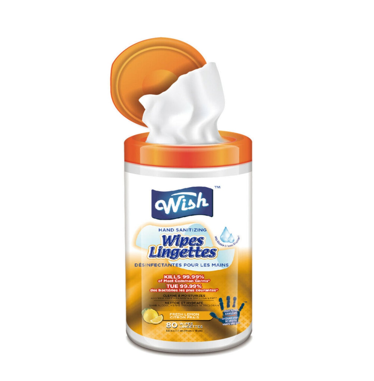 Wish Hand Sanitizer Wipes Lingettes (Cylinder Size) (80 ct) - Lemon