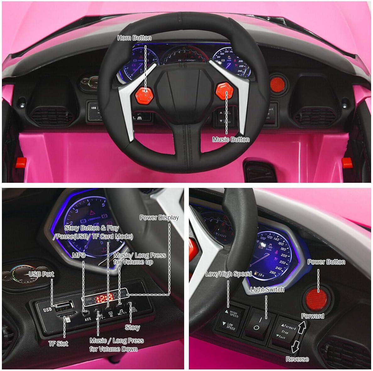 Remote-Controlled Electric Ride-On Car for Kids – 12V Pink Car with Lights, MP3 & Openable Doors – QLS-5188