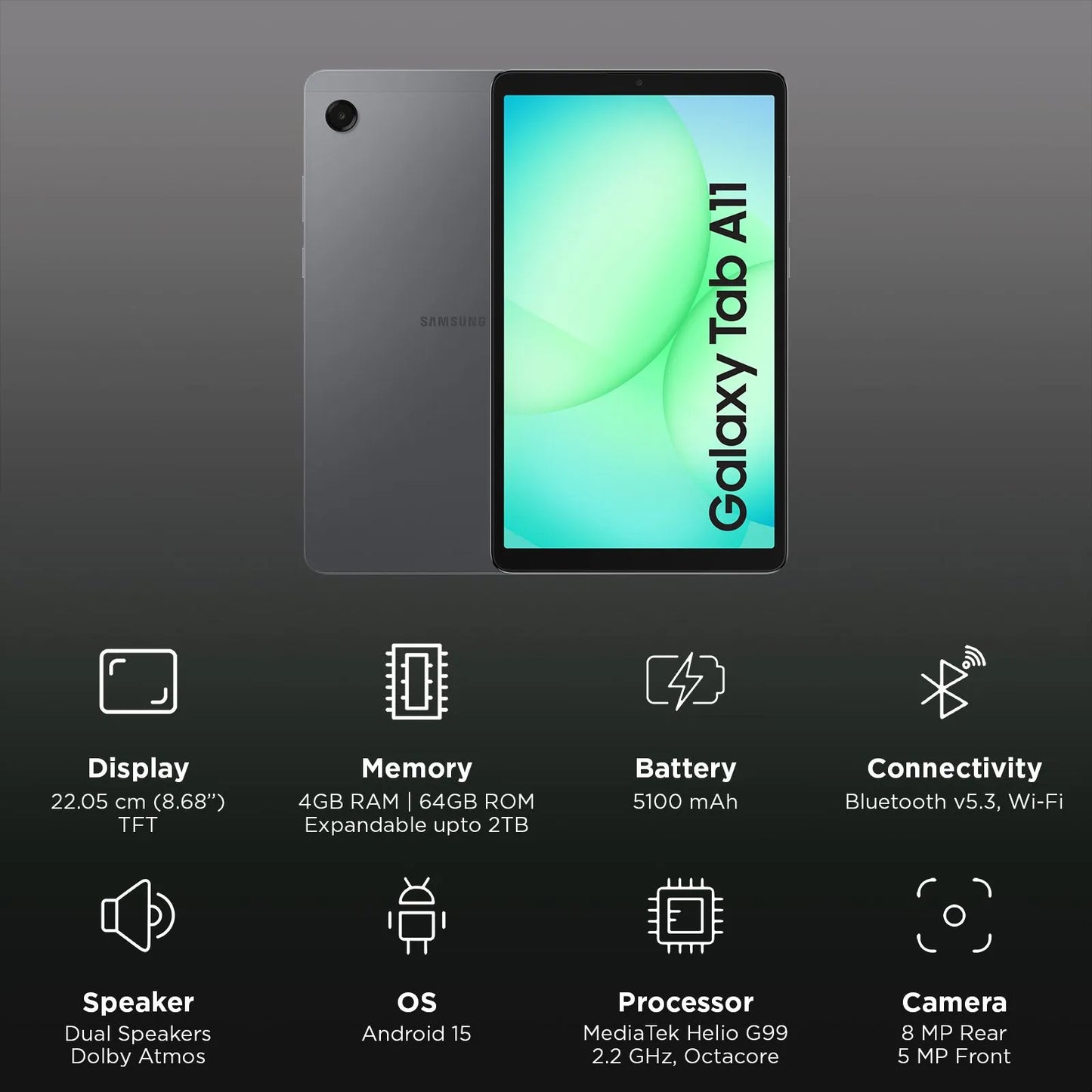 SAMSUNG Galaxy Tab A11 - 8.7'' Display,  (64GB Memory + 4GB RAM) (4G/ LTE) - SM-X135