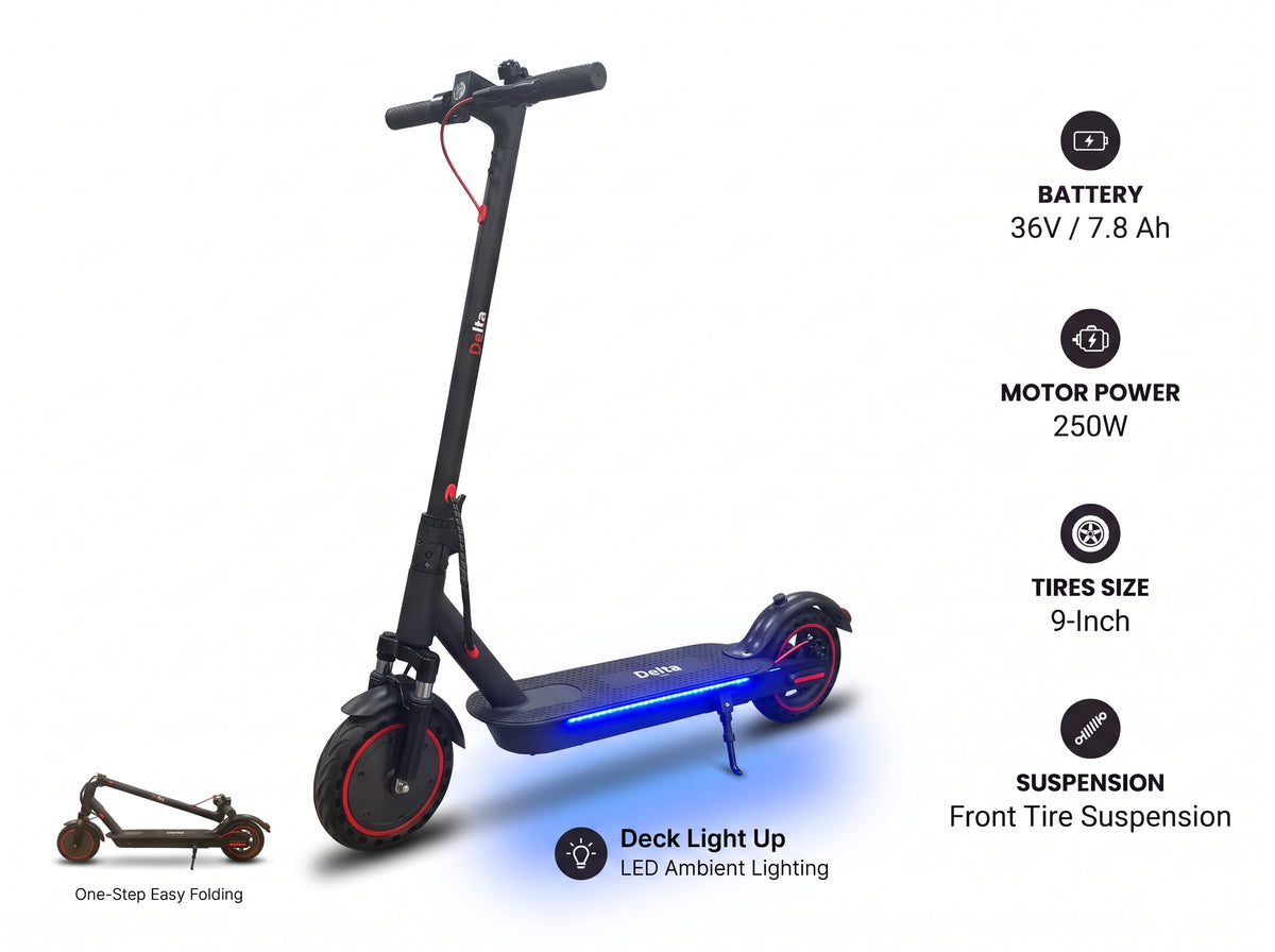 Delta A11 Foldable Electric Scooter – 350W Motor, 36V 7.8Ah Battery, 3-Speed Modes, 9" Solid Tires