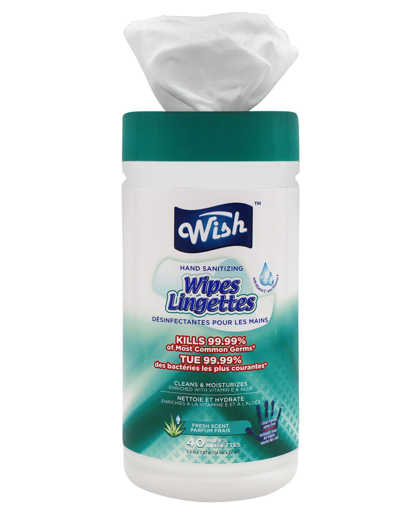 Wish Hand Sanitizer Wipes Lingettes (Cylinder Size) (40 ct) - Fresh