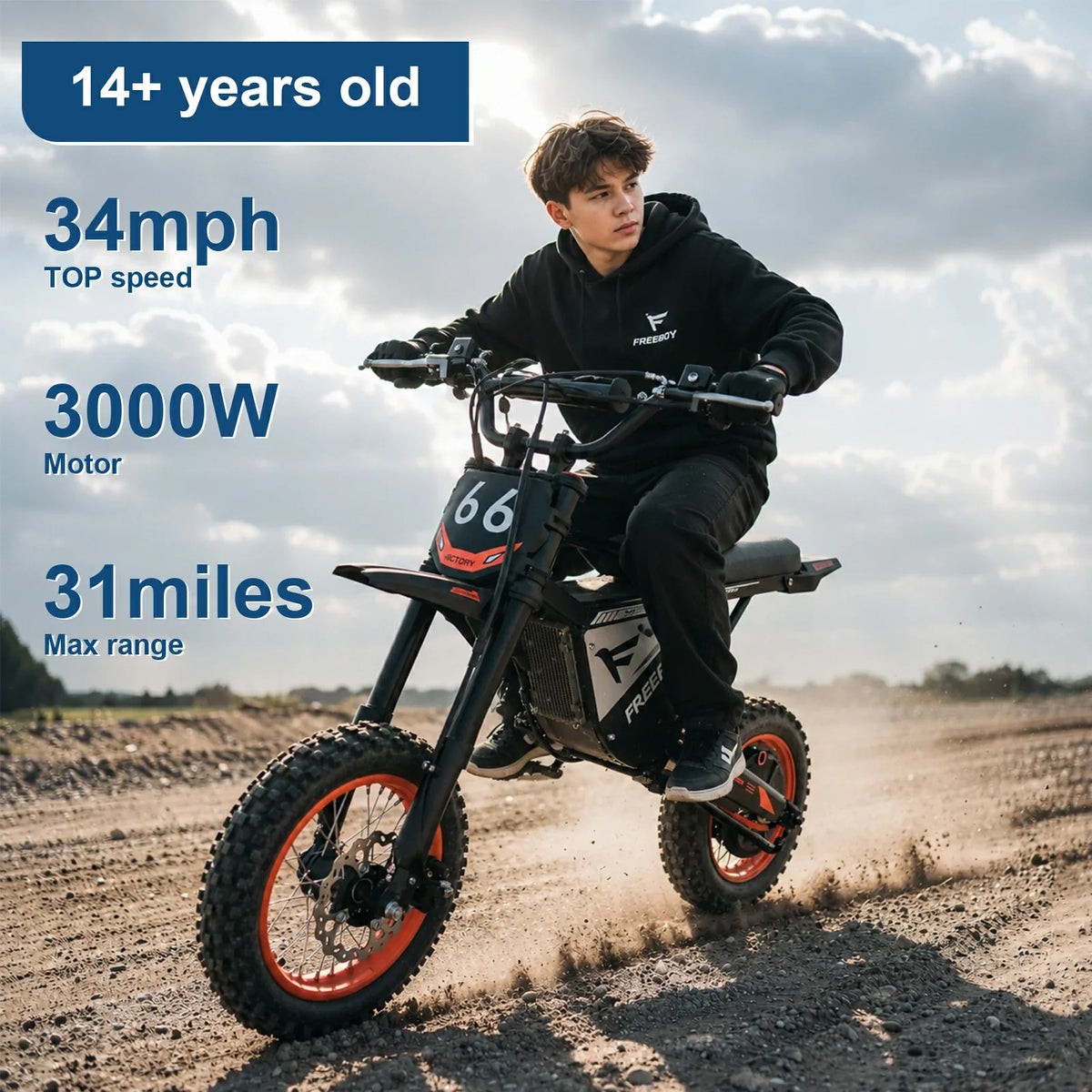 FREEBOY Y66 Electric Dirt Bike – 3000W Motor, 48V 30Ah Battery, 31-Mile Range, 12" Off-Road Tires