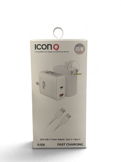 Combo Charger - ICON Q (65W Super Fast Charging Adapter (USB + Type - C) w/ Type-C to Type-C Cable 3ft / 1m