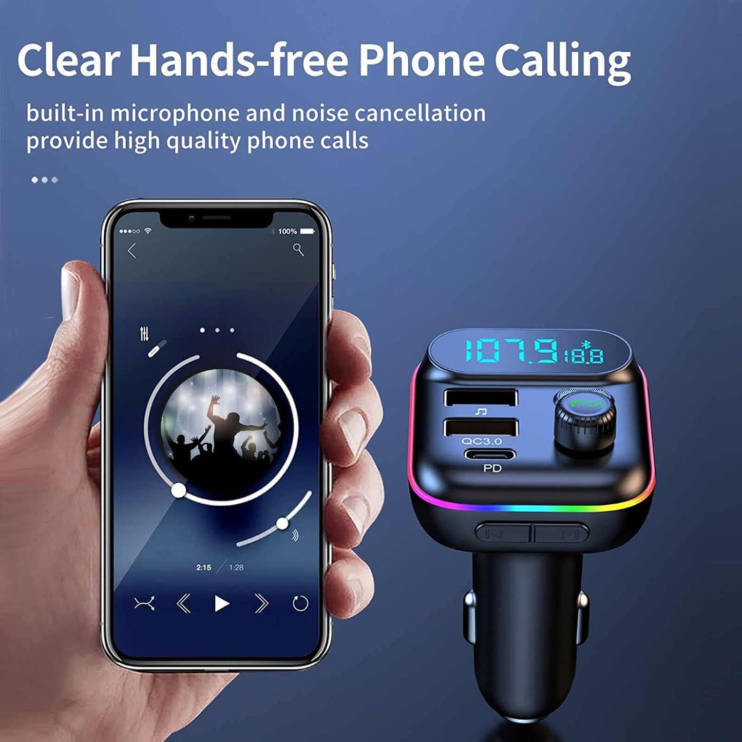 Multifunction Wireless Car MP3 Player with (2 USB & 1 Type C) Charger (T70)