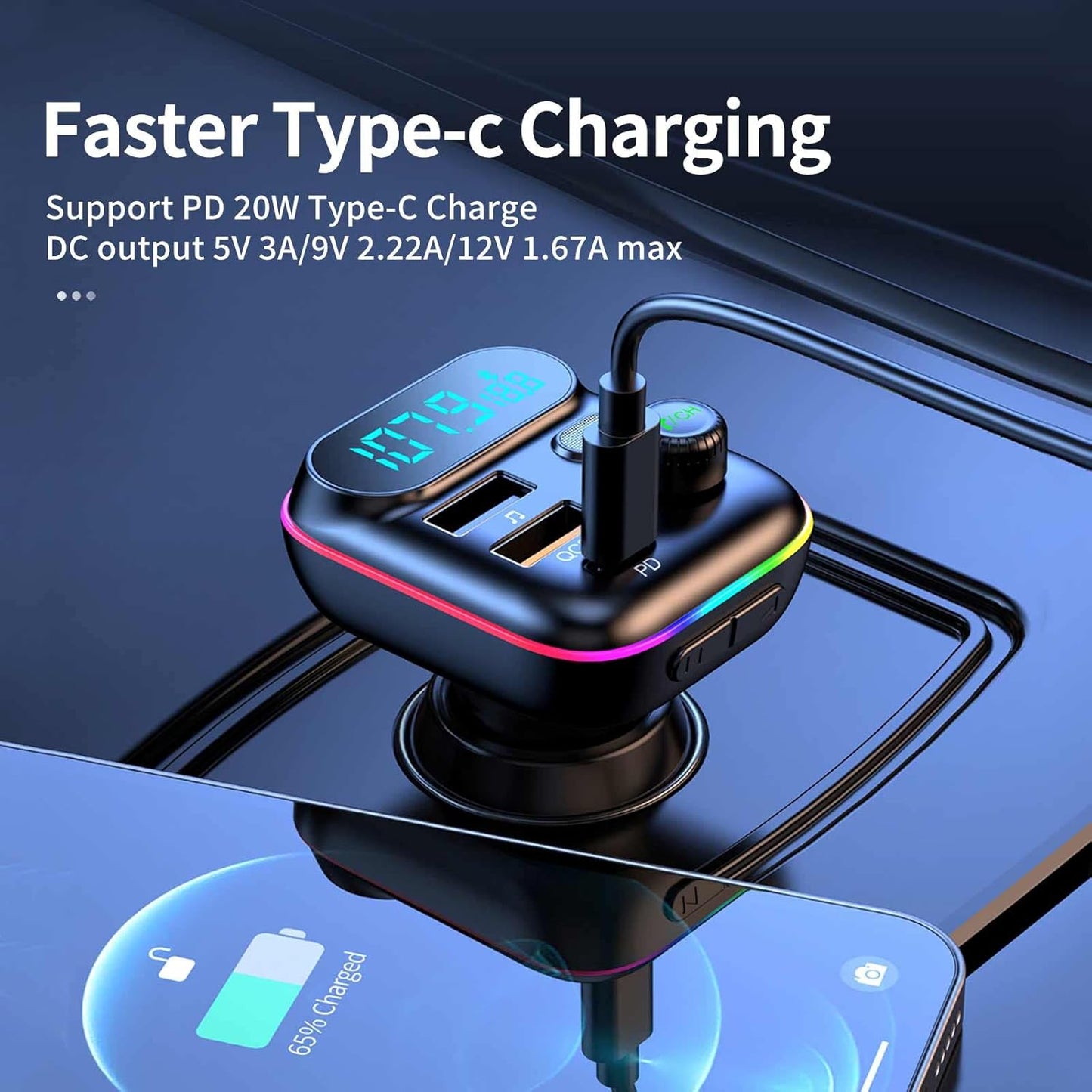 Multifunction Wireless Car MP3 Player with (2 USB & 1 Type C) Charger (T70)