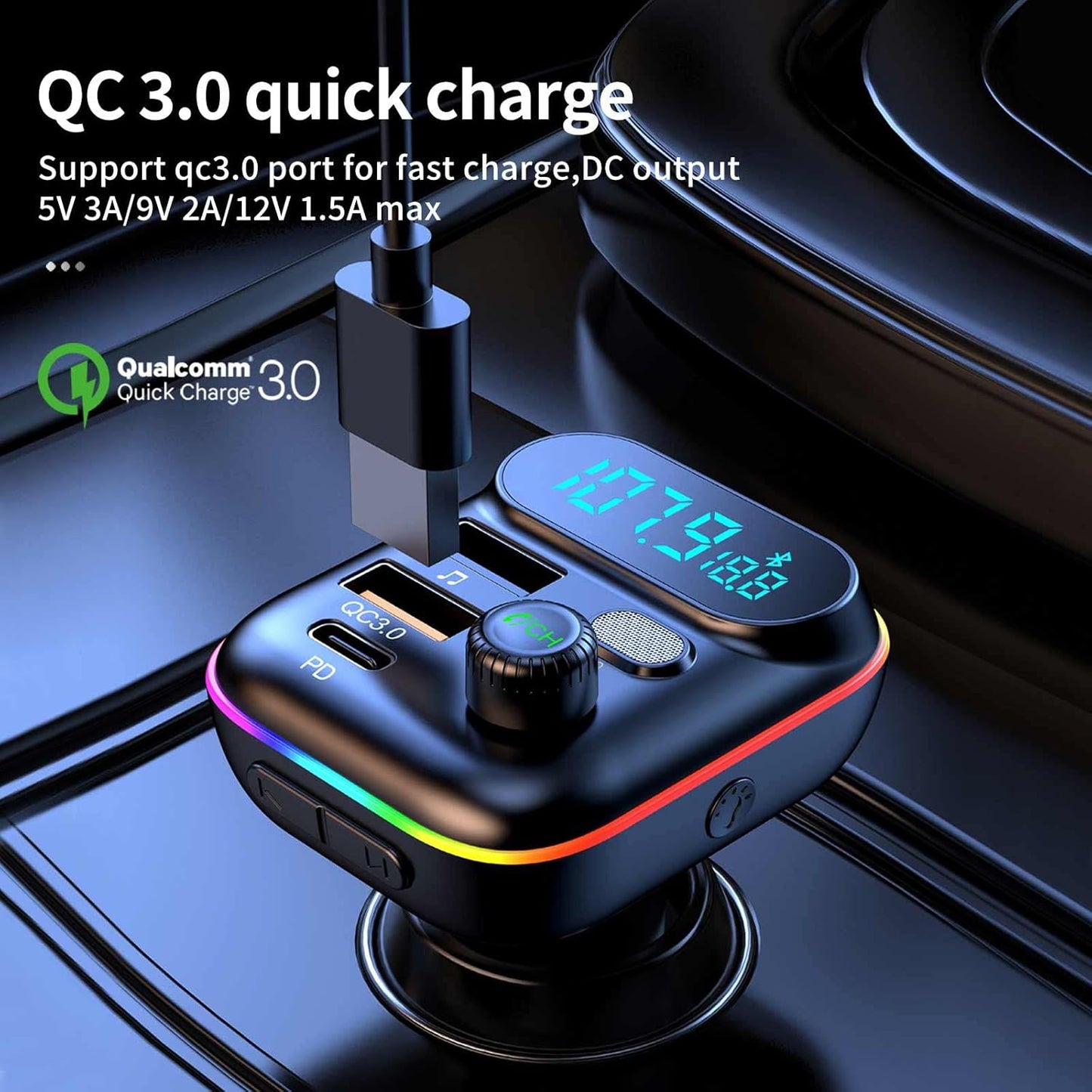 Multifunction Wireless Car MP3 Player with (2 USB & 1 Type C) Charger (T70)