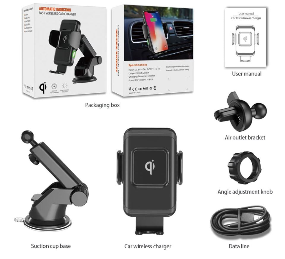 Fast Wireless Car Charger w/ Mount (15W - Automatic Induction & Locking)