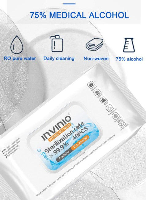INVINIO Hygiene Wet Wipes 75% Alcohol (40 pcs) (96 Cases = 3072 ct. per Pallet) (Unit Price - $0.50)