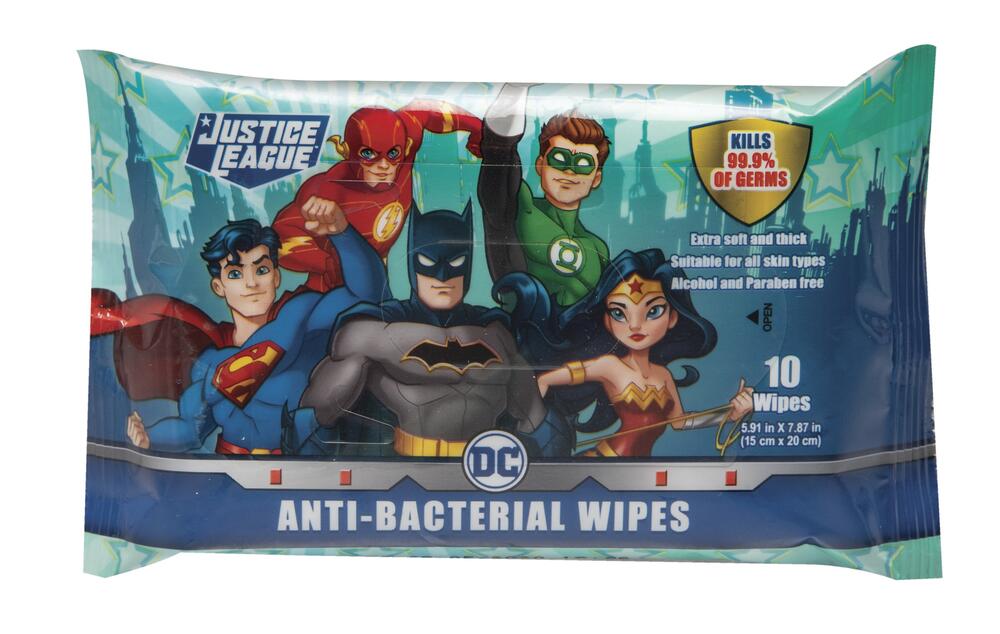 Justice League Anti- Bacterial Wipes (10 CT.) - 3 Pack (45 Cases = 2160 ct, per Pallet) (Unit Price - $0.50)