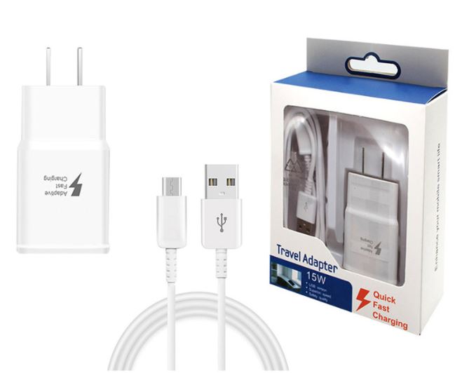 2in1 15W Fast Adapter with 3ft/6ft  Micro USB Cable (White Packaging)