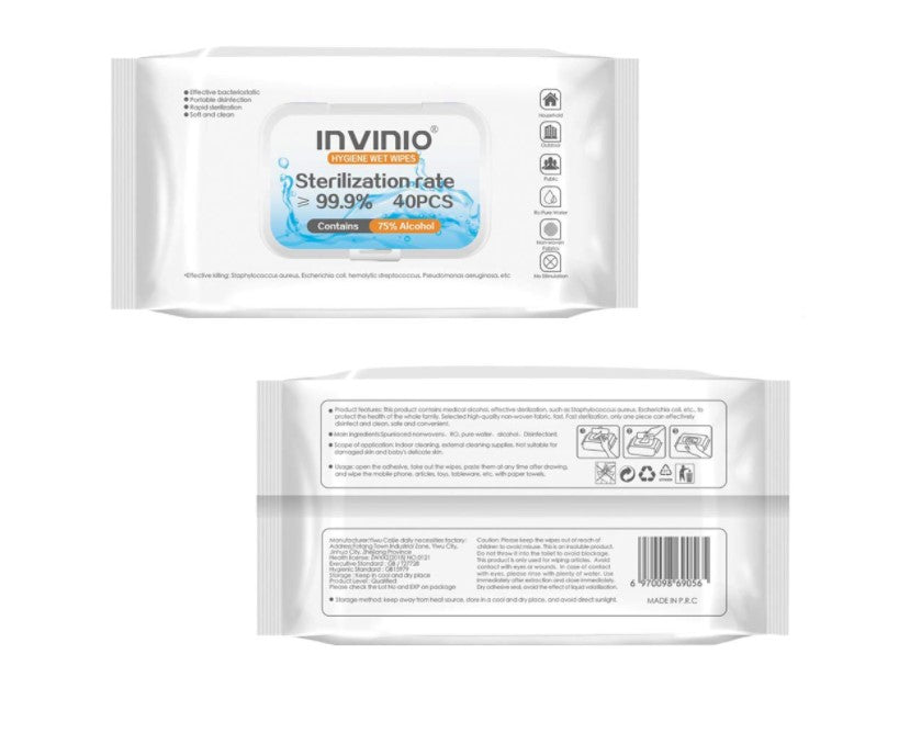 INVINIO Hygiene Wet Wipes 75% Alcohol (40 pcs) (96 Cases = 3072 ct. per Pallet) (Unit Price - $0.50)