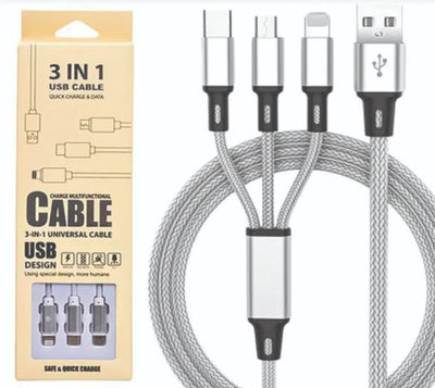Combo 3 in 1 Charging Cable (iPhone/Micro USB/Type-C) Adapter Charging Cable- Braids Rope Style