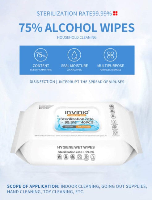 INVINIO Hygiene Wet Wipes 75% Alcohol (40 pcs) (96 Cases = 3072 ct. per Pallet) (Unit Price - $0.50)