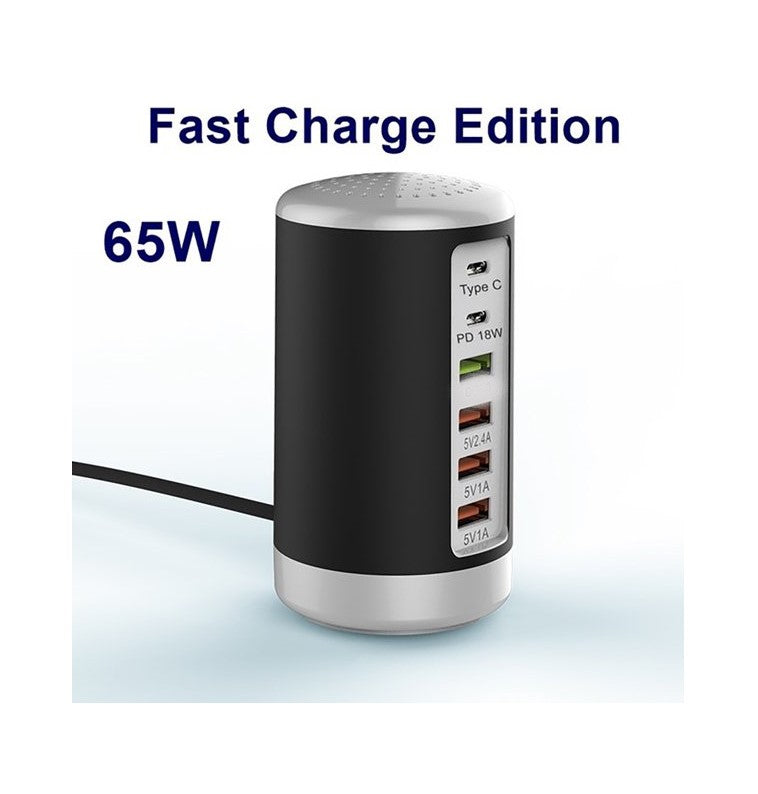 6 Port 65W Multifunctional USB Charger Power Adapter (2 Type-C + 4 USB, Round Cylindrical)