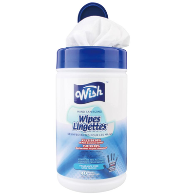 Wish Hand Sanitizer Wipes Lingettes (Cylinder Size) (40 ct.) (75% Alcohol) (56 Cases = 1344 ct. per Pallet) (Unit Price - $0.50)