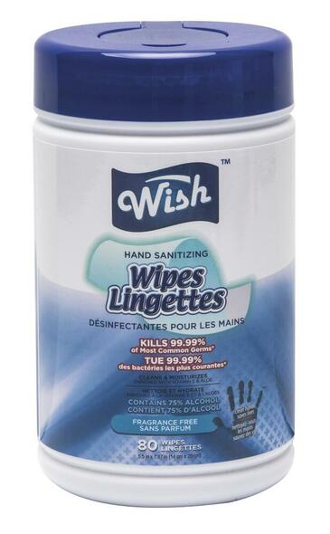 Wish Hand Sanitizer Wipes Lingettes (Cylinder Size) (80 ct) (75% Alcohol) (84 Cases = 1008 ct. per Pallet) (Unit Price - $1)
