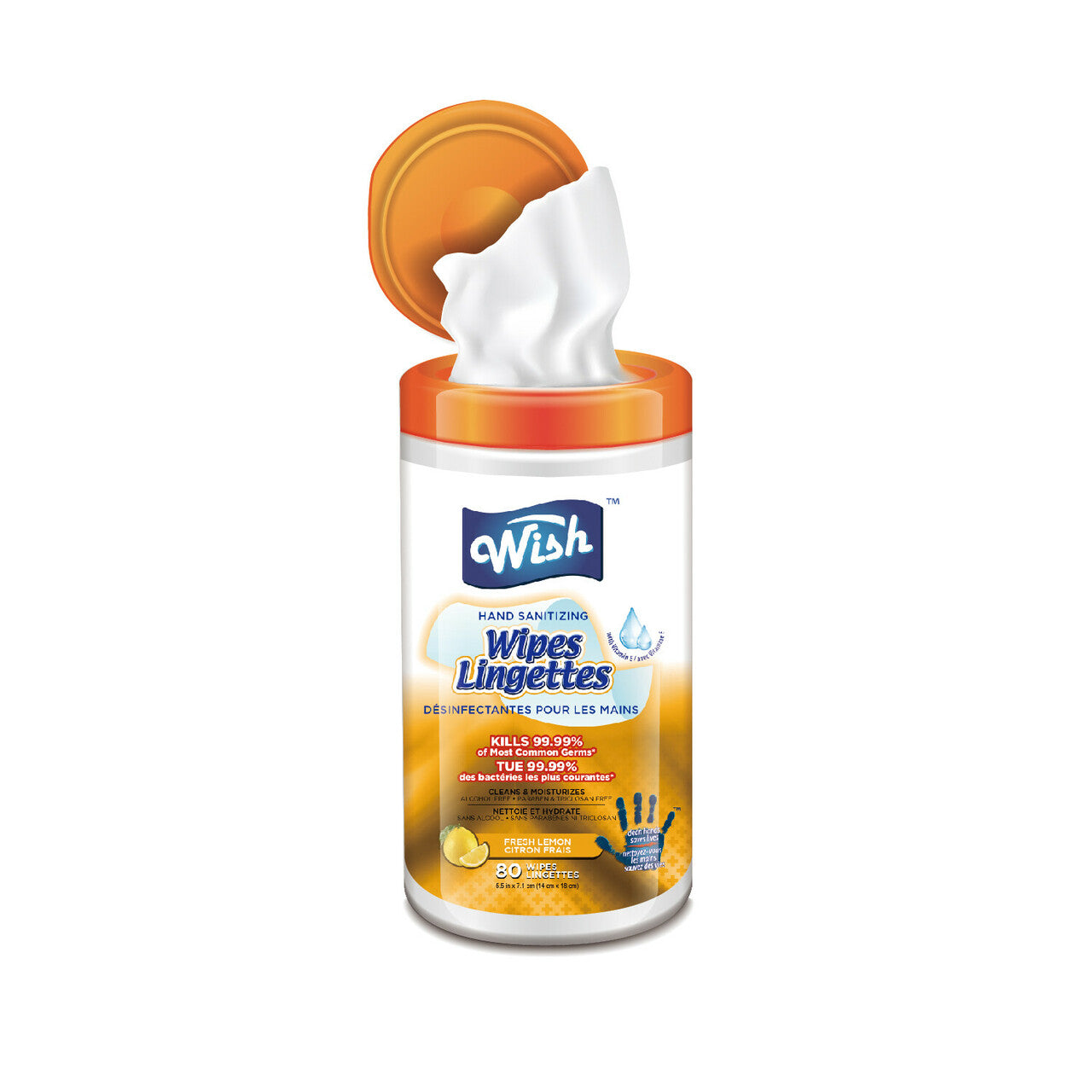 Wish Hand Sanitizer Wipes Lingettes (Cylinder Size) (80 ct) - Lemon (84 Cases = 1008 ct. per Pallet) (Unit Price - $1)